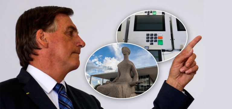 Bolsonaro, fachada do STF e urna eletrônica