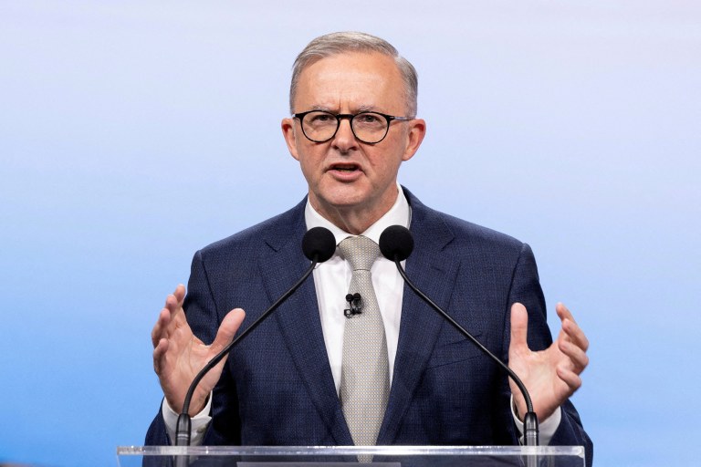 FILE PHOTO: Australian Opposition Leader Anthony Albanese during the second leaders' debate of the 2022 federal election campaign at the Nine studio in Sydney, Australia May 8, 2022. Alex Ellinghausen/Pool via REUTERS/File Photo