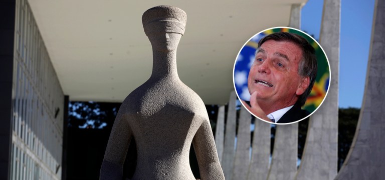 Estátua da Justiça em frente ao prédio do Supremo Tribunal Federal em Brasília e Jair Bolsonaro