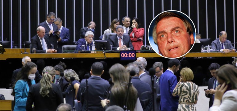 Plenário da Câmara dos Deputados e Jair Bolsonaro no detalhe