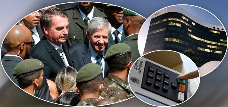 Bolsonaro com militares, fachada do TSE e urna eletrônica