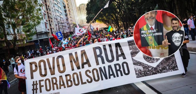 Ato contra Jair Bolsonaro e, no círculo, o militante Marcelo Arruda, assassinado por bolsonarista em Foz do Iguaçu (PR)