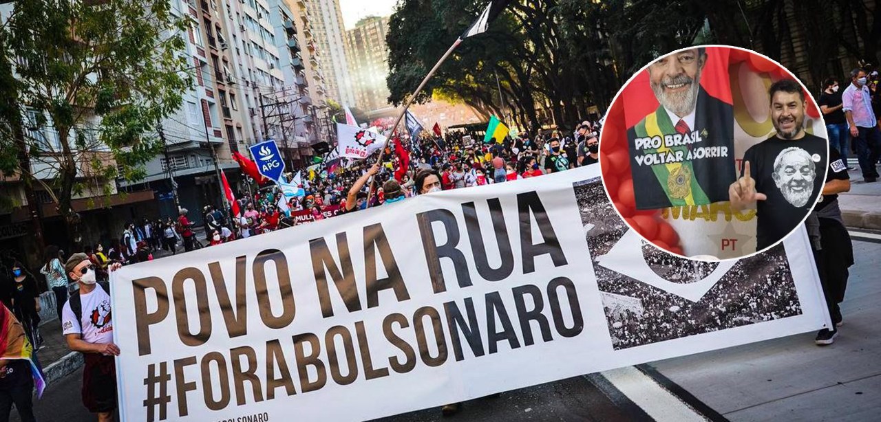 Ato contra Jair Bolsonaro e, no círculo, o militante Marcelo Arruda, assassinado por bolsonarista em Foz do Iguaçu (PR)