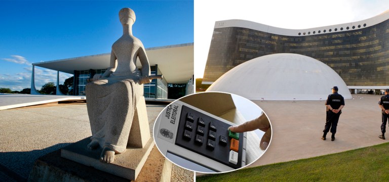 Fachada do STF, urna eletrônica e fachada do TSE