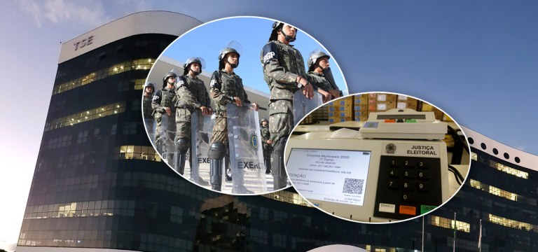 Fachada do TSE, exército e urna eletrônica
