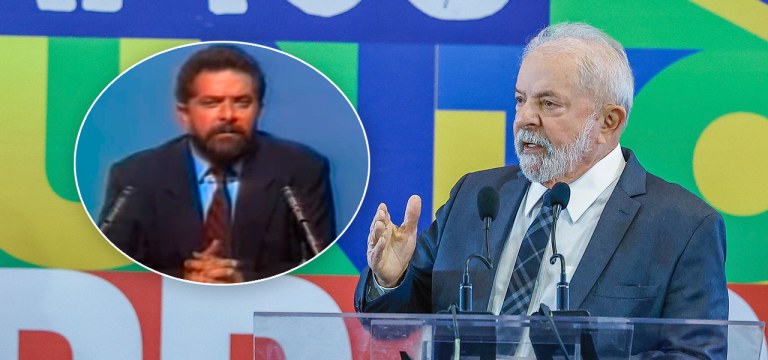 Lula em debate na Globo em 1989 e Lula em entrevista coletiva em agosto de 2022