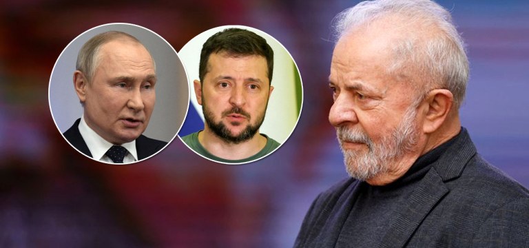 Da esq. para a dir.: Vladimir Putin, Volodymyr Zelensky e Luiz Inácio Lula da Silva
