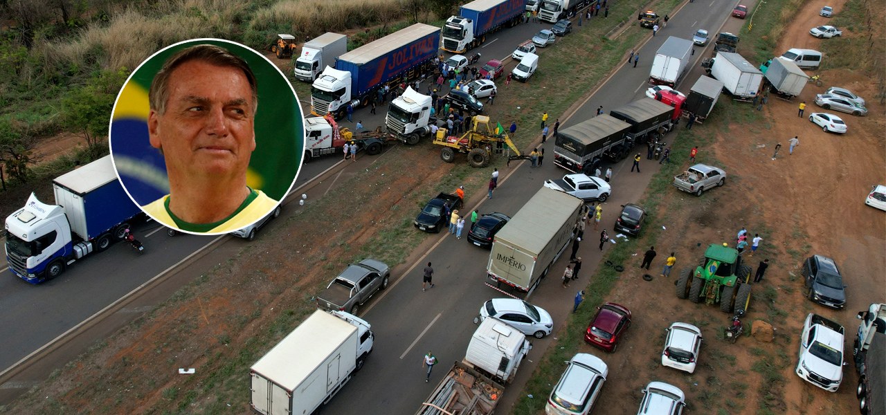 Bolsonaro e estrada bloqueada