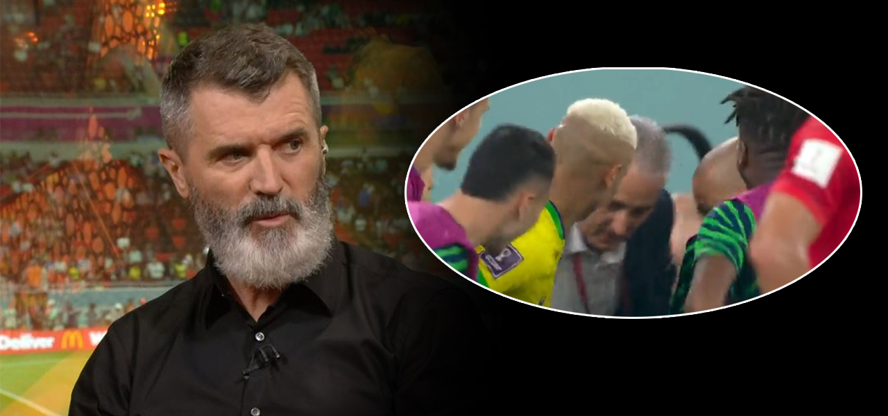Roy Keane (blusa preta), atacante da seleção brasileira Richarlison (cabelo loiro) fazendo a chamada "dança do pombo" com o técnico Tite (terno)