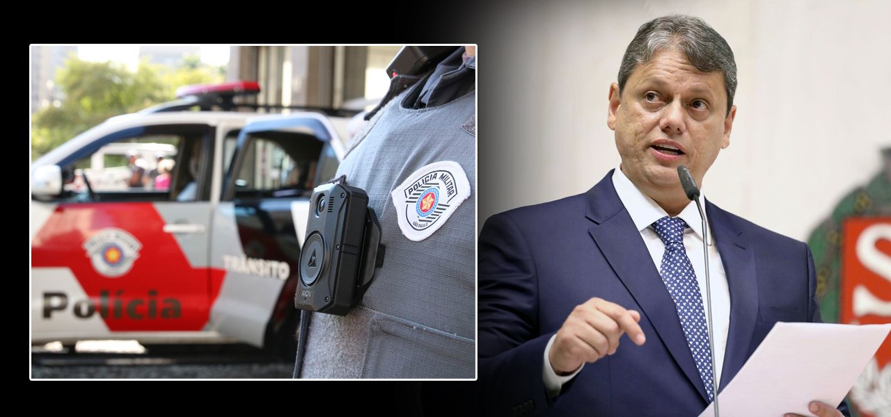 Câmera em uniforme da PM e Tarcísio de Freitas