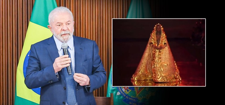 Presidente Lula e modelo vestida de santa brasileira na Semana de Alta Costura em Paris