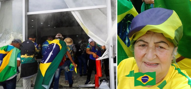 Ato golpista em Brasília (à esq.) e Maria de Fátima Mendonça Jacinto Souza (à dir.)