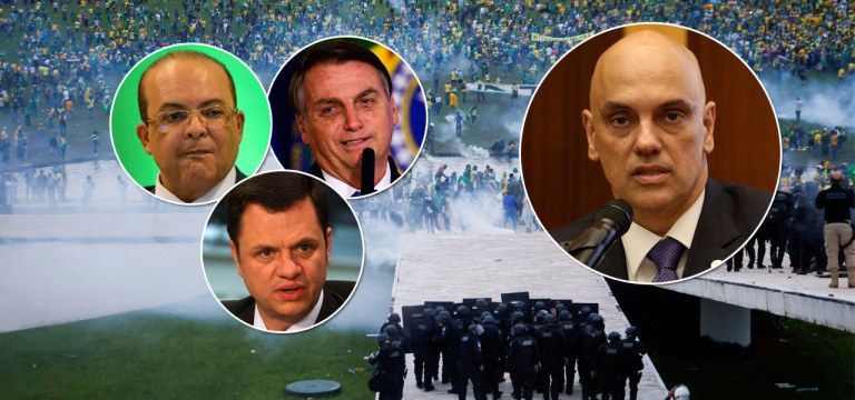 Ibaneis Rocha (círculo, em cima, à esq.), Anderson Torres (círculo embaixo), Jair Bolsonaro e Alexandre de Moraes (à dir., afastado das outras três fotos)