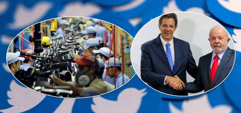 Twitter de fundo, trabalhadores no setor industrial, Fernando Haddad, ministro da Economia (gravata azul), e Luiz Inácio Lula da Silva