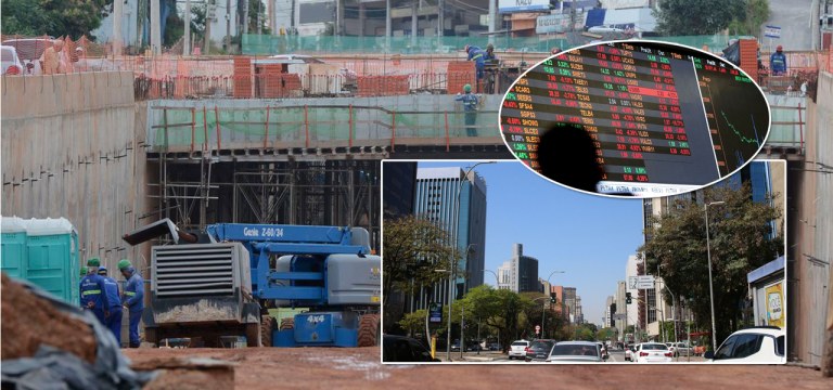 Obra de infraestrutura, Bolsa de Valores (círculo da montagem) e a Faria Lima, em referência à Avenida Brigadeiro Faria Lima (SP), um dos principais centros comerciais e financeiros do Brasil