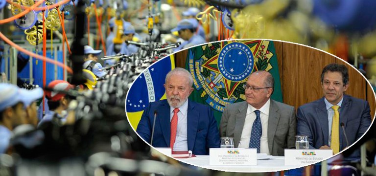 Da esq. para a dir. no círculo: o presidente da República, Luiz Inácio Lula da Silva, o ministro do Desenvolvimento, Indústria, Comércio e Serviços, Geraldo Alckmin, e o ministro da Fazenda, Fernando Haddad