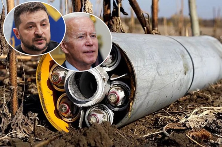 Presidentes Volodymyr Zelensky (da Ucrânia, à esq.), Joe Biden (dos EUA) e uma bomba de fragmentação