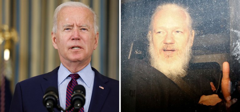 Joe Biden (à esq.) e Julian Assange