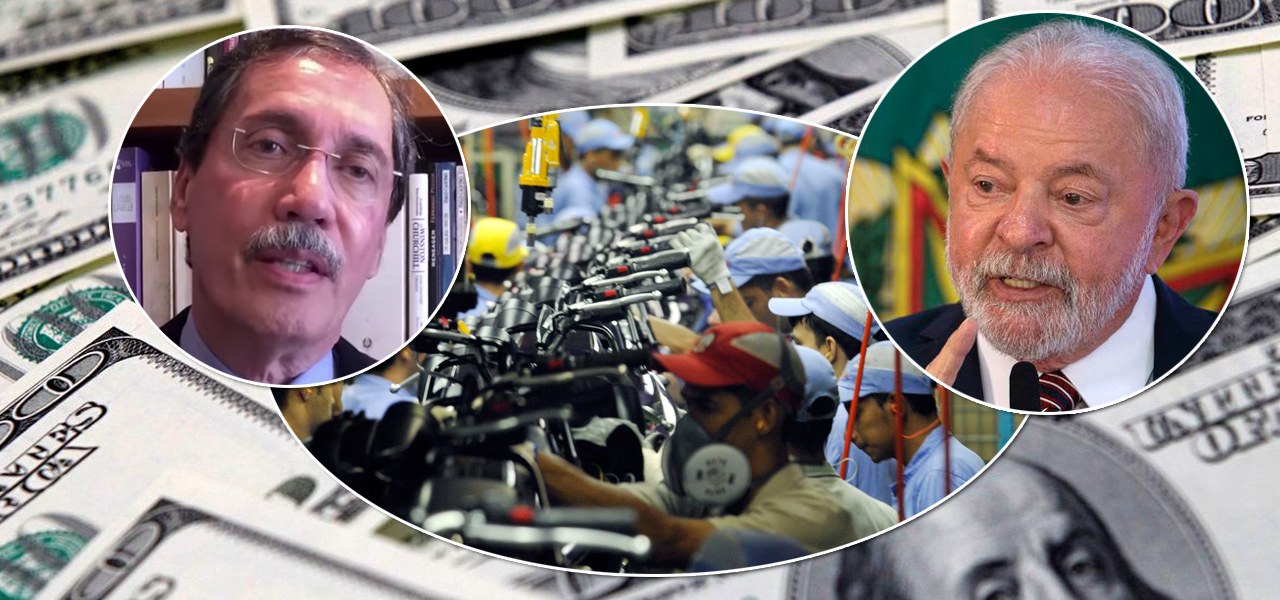 Dólar, ao fundo, Merval Pereira (de óculos), trabalhadores na indústria e Luiz Inácio Lula da Silva