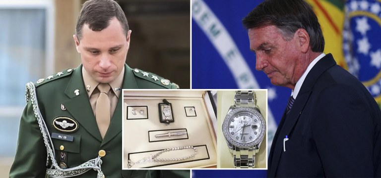 Mauro Cid (à esq.), Jair Bolsonaro e joias dadas ao Brasil