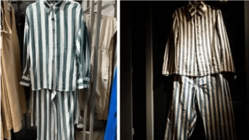 À esquerda roupa exposta na Riachuelo; à direita imagem do Museu do Holocausto