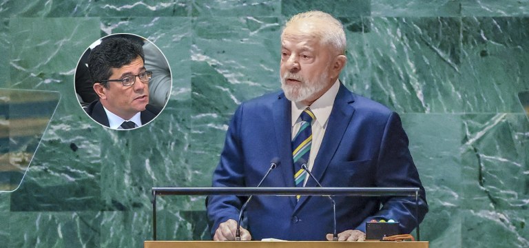 Ex-juiz Sérgio Moro e presidente Luiz Inácio Lula da Silva discursando na 78ª Assembleia Geral da ONU
