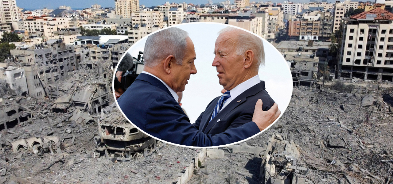 Gaza bombardeada, Benjamin Netanyahu e Joe Biden