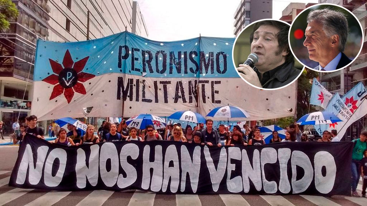 Mobilização de militares peronistas na Argentina, Javier Milei (com microfone) e Mauricio Macri