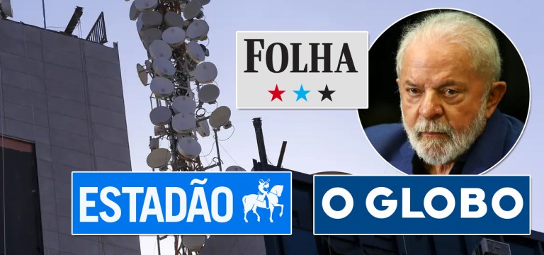 Empresa na área de tecnologia da comunicação (ao fundo), marcas dos jornais Folha de S.Paulo, O Estado de S.Paulo, O Globo, e Luiz Inácio Lula da Silva