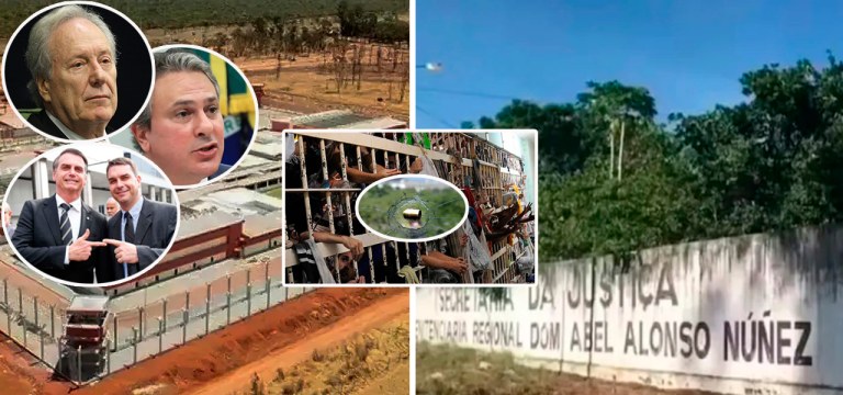 Ricardo Lewandowski (círculo, em cima, à esq.), Camilo Santana, Jair Bolsonaro junto com Flávio Dino, mais a foto de um presídio, e um vidro quebrado com uma bala no meio