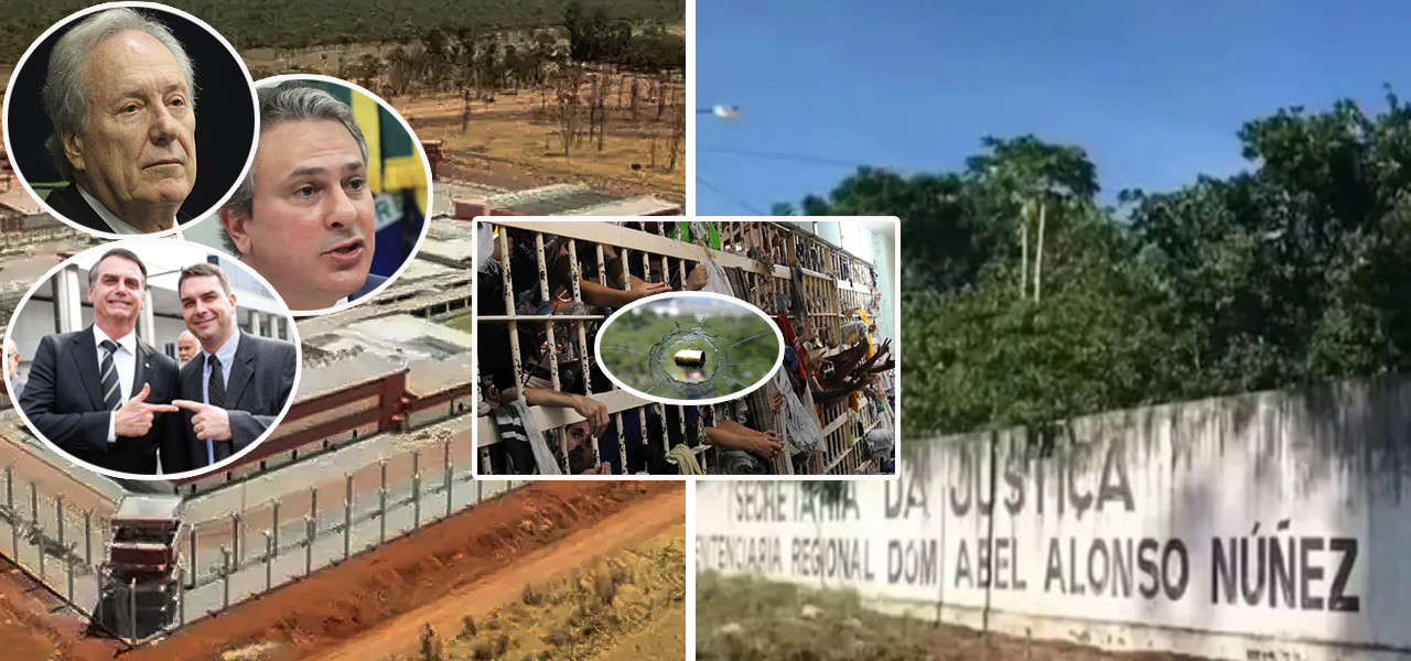 Ricardo Lewandowski (círculo, em cima, à esq.), Camilo Santana, Jair Bolsonaro junto com Flávio Dino, mais a foto de um presídio, e um vidro quebrado com uma bala no meio