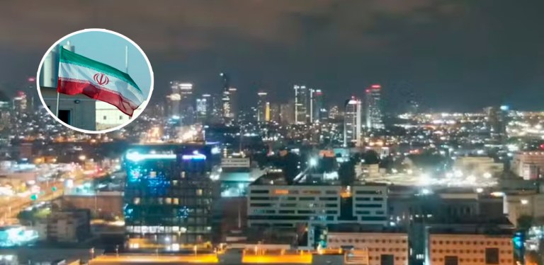 Bandeira do Irã e a cidade de Tel Aviv na noite do dia 13/04/2024, onde foram lançado drones por forças do Irã