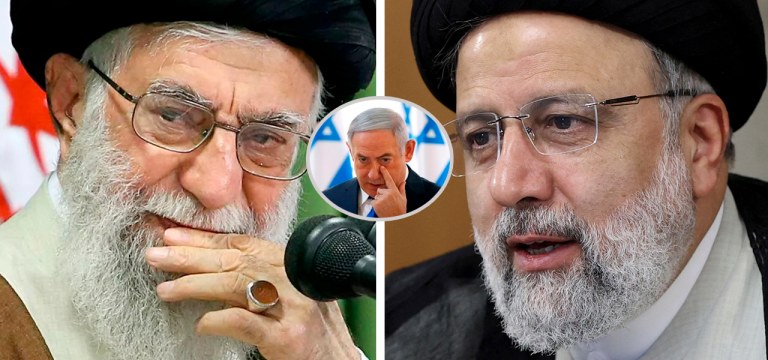 Líder Supremo do Irã, Ali Khamenei (à esq.), o primeiro-ministro de Israel, Benjamin Netanyahu (círculo), e o presidente iraniano, Ebrahim Raisi