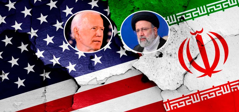 Presidentes Joe Biden, dos EUA (à esq.), e Ebrahim Raisi (Irã) mais as bandeiras norte-americana (à esq.) e iraniana ao fundo
