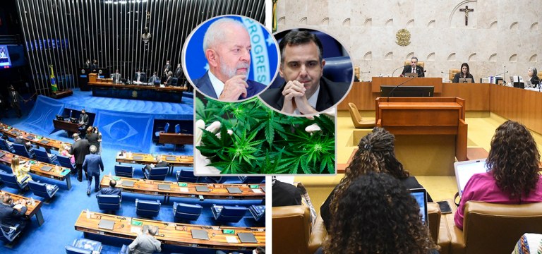 Senado (à esq.), Supremo Tribunal Federal, Luiz Inácio Lula da Silva (mão no queixo), Rodrigo Pacheco e a cannabis