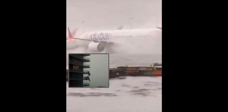 Chuvas em aeroporto e objetos sendo jogados para fora de um apartamento por causa da ventania nos Emirados Árabes Unidos