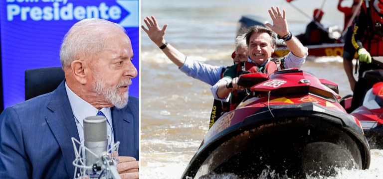 Luiz Inácio Lula da Silva, durante Entrevista a emissoras de rádio | Jair Bolsonaro pilotando jet ski