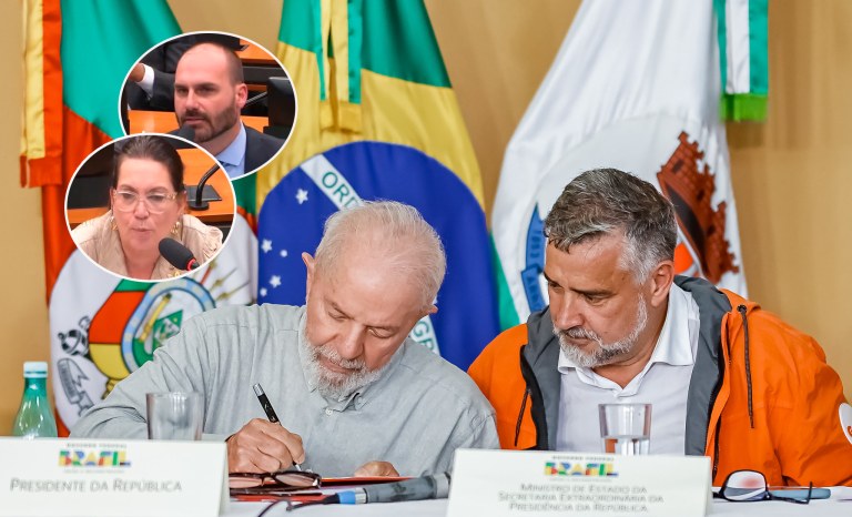 Da esq. para dir: Bia Kicis, Eduardo Bolsonaro, Luiz Inácio Lula da Silva e Paulo Pimenta