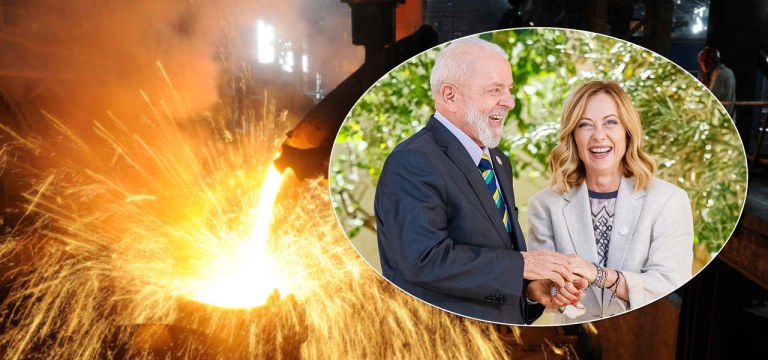 Lula, Giorgia Meloni e forno siderúrgico