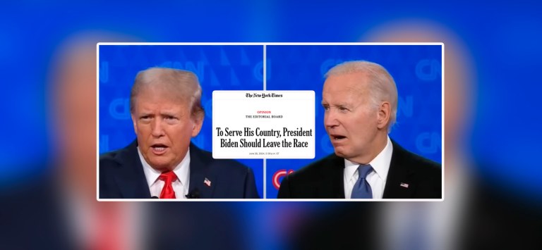 Donald Trump (à esq.), Joe Biden e o editorial intitulado "Para servir seu país, o presidente Biden deveria abandonar a corrida"