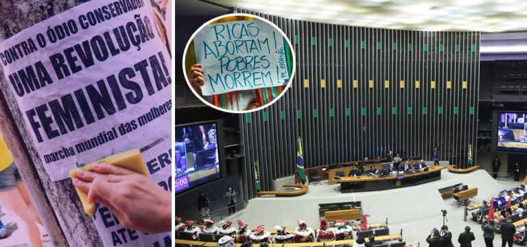 Atos contra o estupro e a parte interna da Câmara dos Deputados
