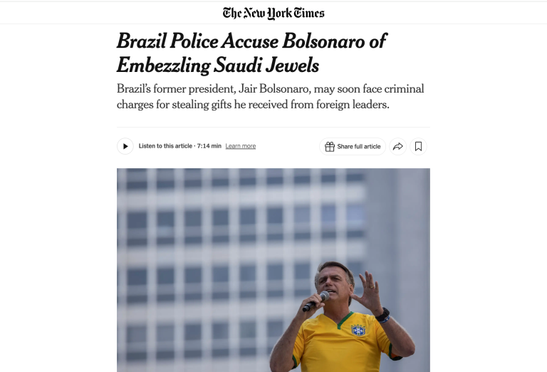 Bolsonaro no New York Times como ladrão de joias