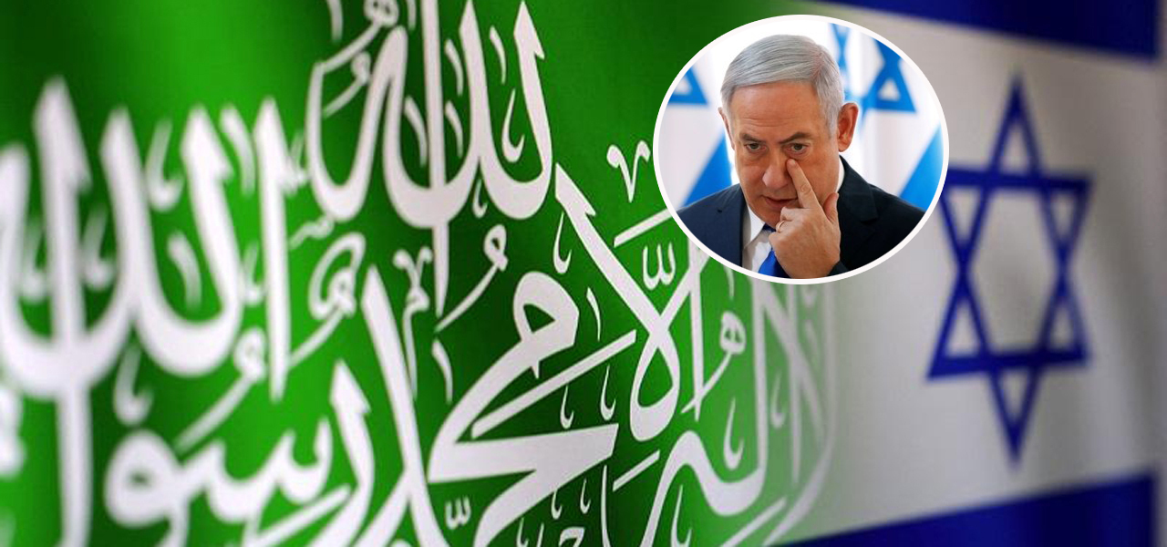 Bandeiras do Hamas (verde), de Israel e Benjamin Netanyahu