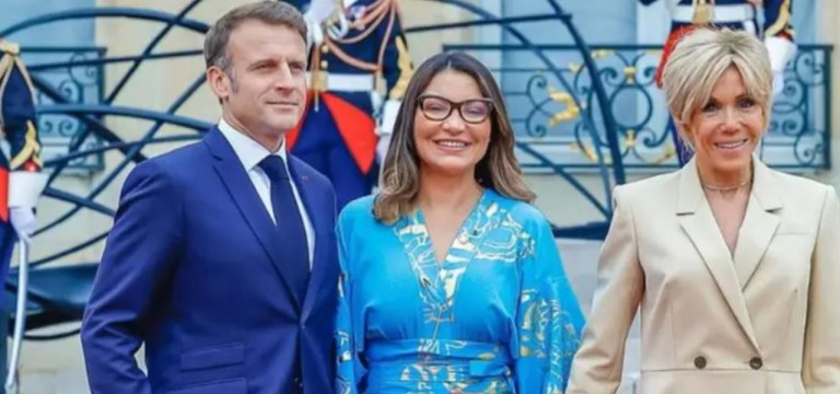 O  presidente da França, Emmanuel Macron, a primeira-dama Janja e Brigitte