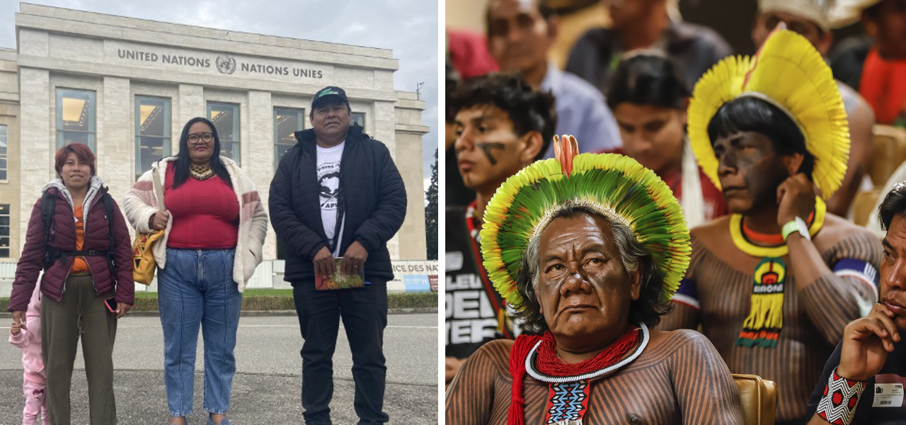 Ativistas pelos direitos indígenas na ONU e índios acompanhando análise do Marco Temporal pelo STF