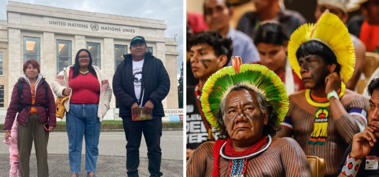 Ativistas pelos direitos indígenas na ONU e índios acompanhando análise do Marco Temporal pelo STF