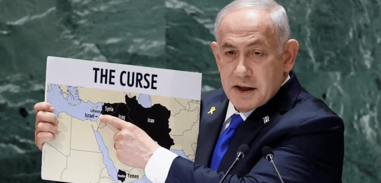 Benjamin Netanyahu mostra um mapa do Irã e aliados com a inscrição "a maldição"