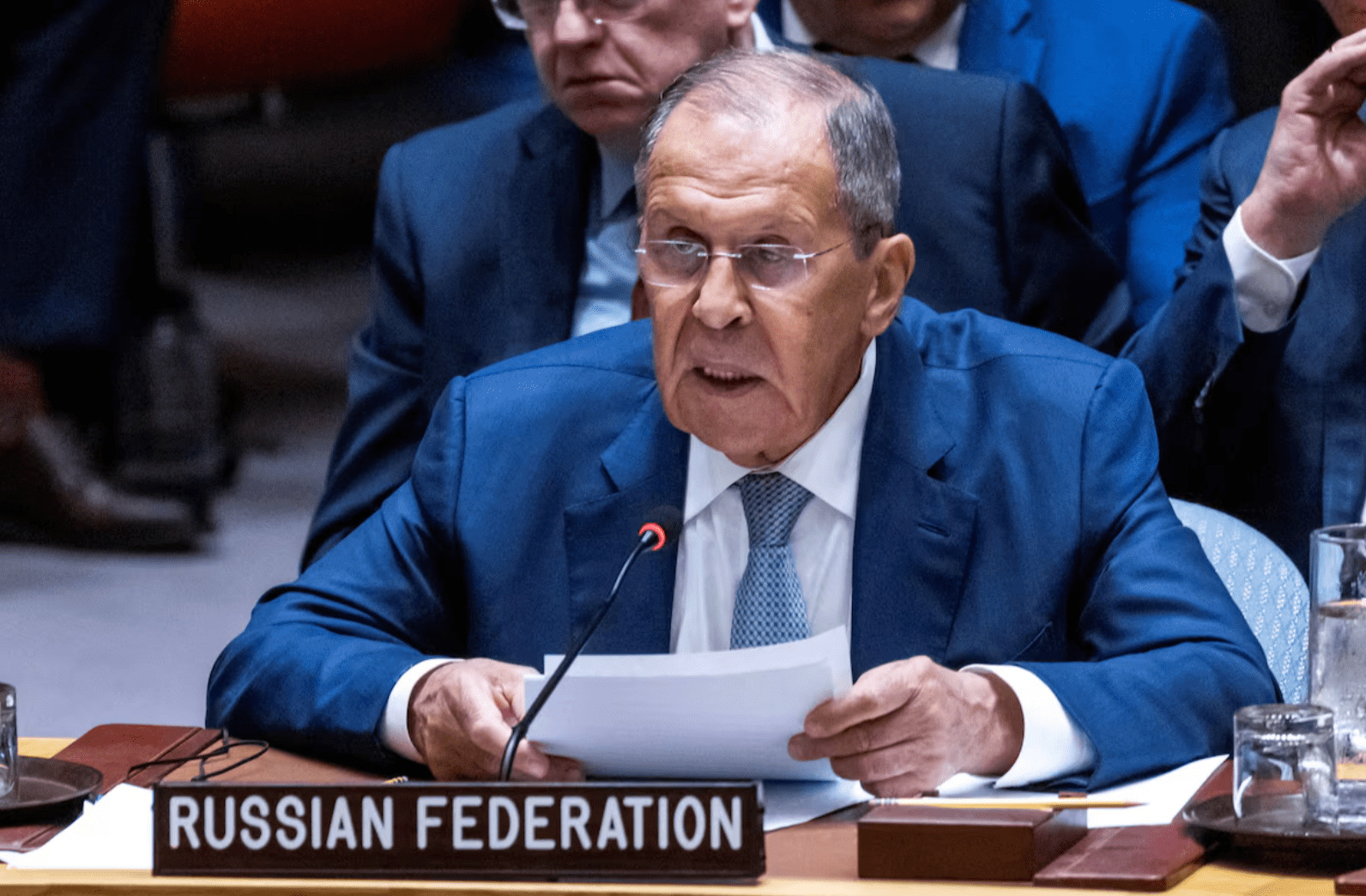 Ministro das Relações Exteriores da Rússia, Sergey Lavrov, fala durante uma reunião do Conselho de Segurança à margem da 79ª Assembleia Geral das Nações Unidas na sede da ONU em Nova York, EUA, 27 de setembro de 2024