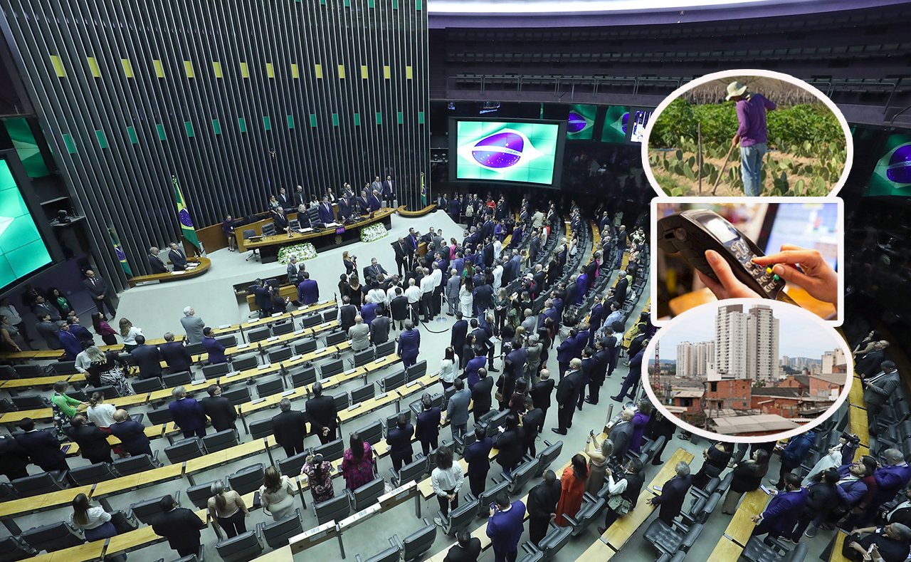 Câmara dos Deputados, agricultor, cartão bancário, e a cidade de São Paulo