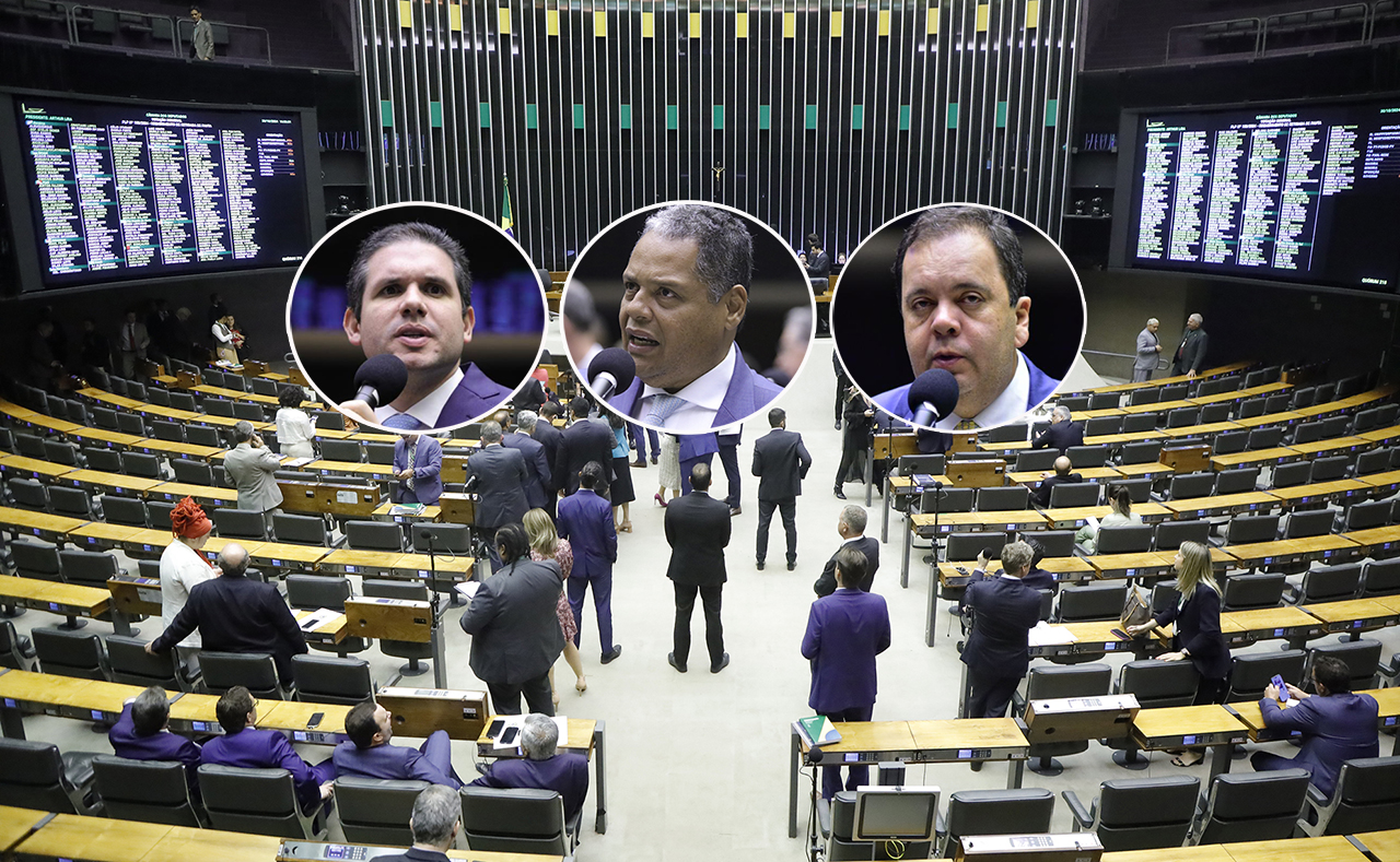 Montagem (da esq. para a dir.): Hugo Motta, Antonio Brito, Elmar Nascimento e a Câmara dos Deputados